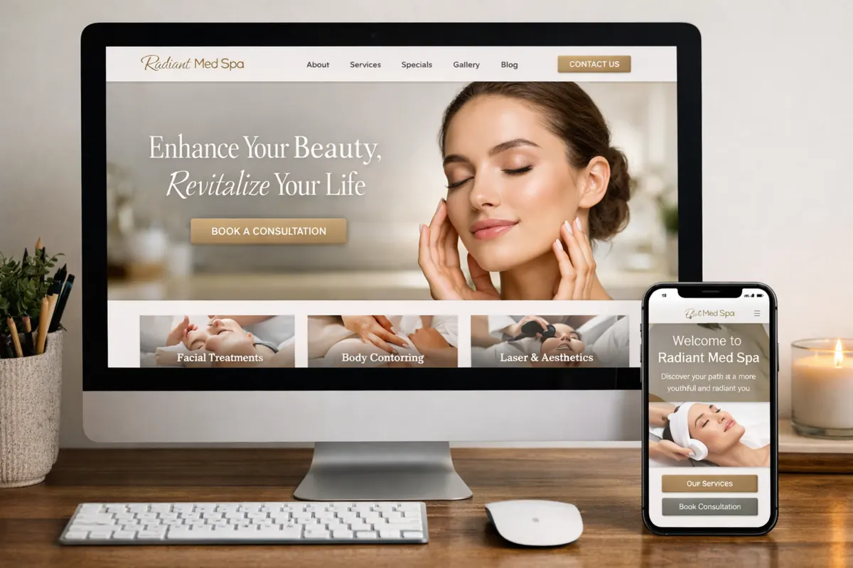 Med spa website example with a soft luxury hero and consultation call to action