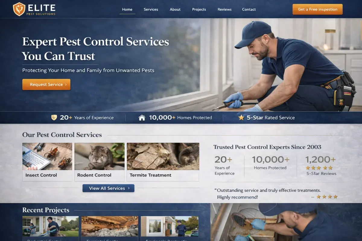 Pest control website example with a blue service layout and exterior inspection hero