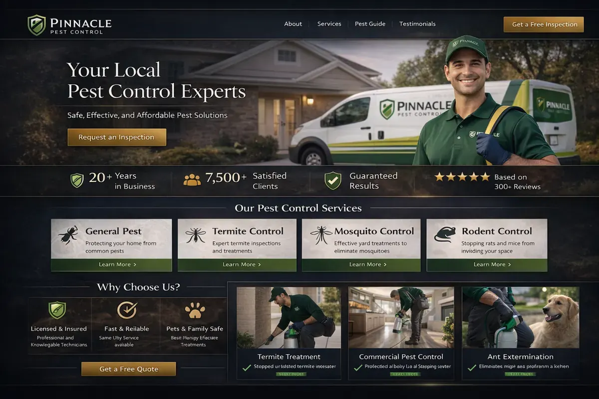 Pest control website example with a bold blue proof layout and interior service hero