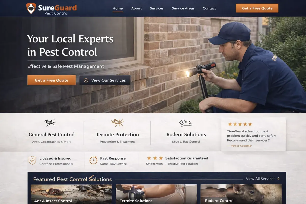 Pest control website example with a dark premium pest-control hero and branded van