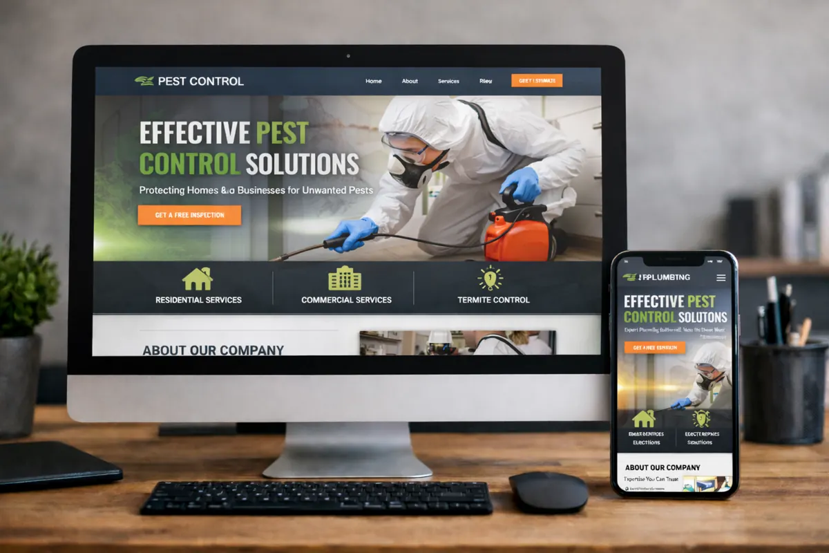 Pest control website example with a bold green headline and residential/commercial service blocks