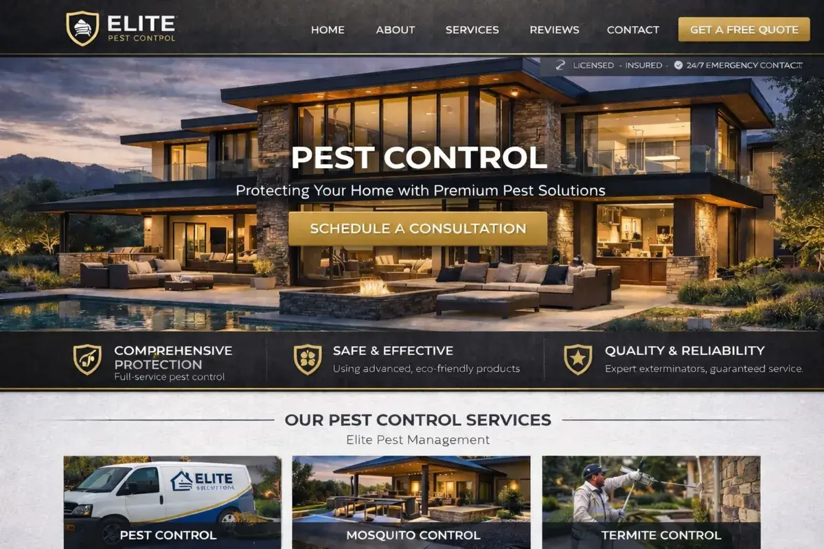 Pest control website example with a premium residential hero
