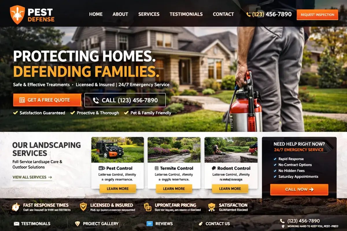 Pest control website example with bold orange call to action buttons