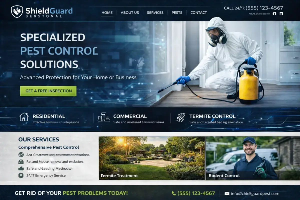 Pest control website example with a blue technical service style
