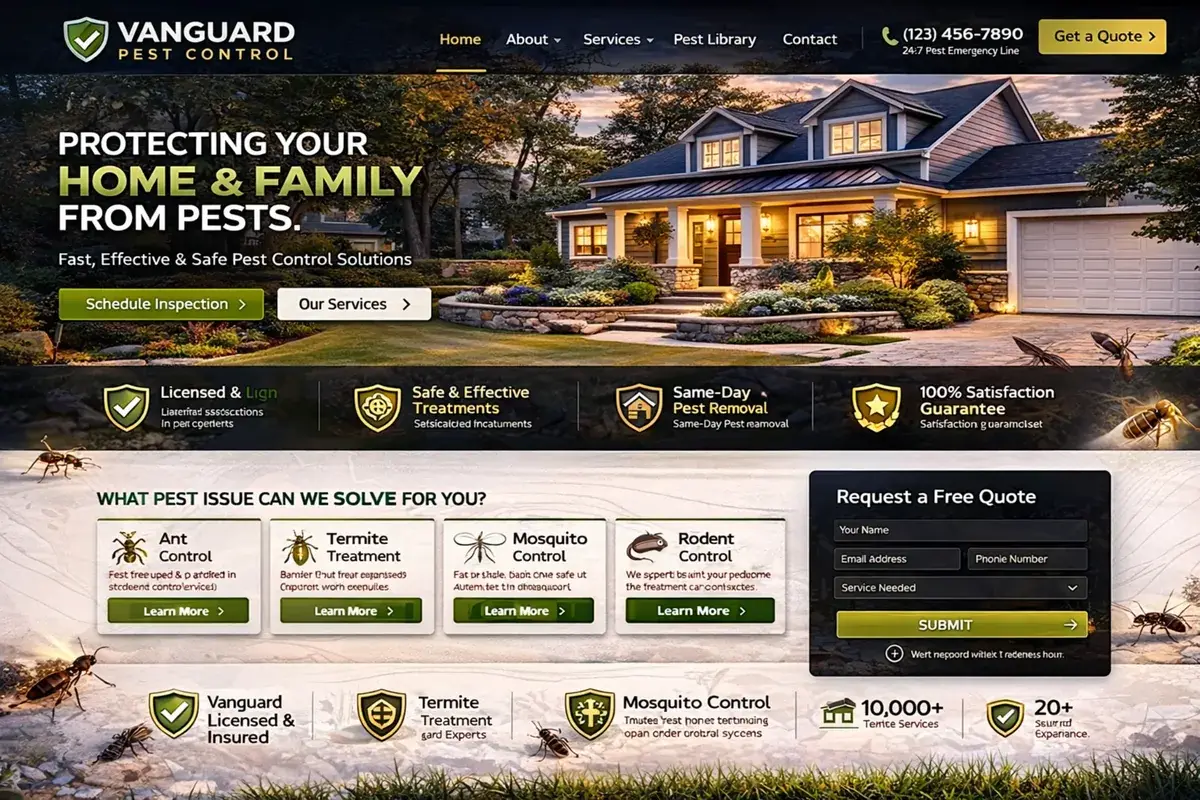 Pest control website example with a quote form and service icons