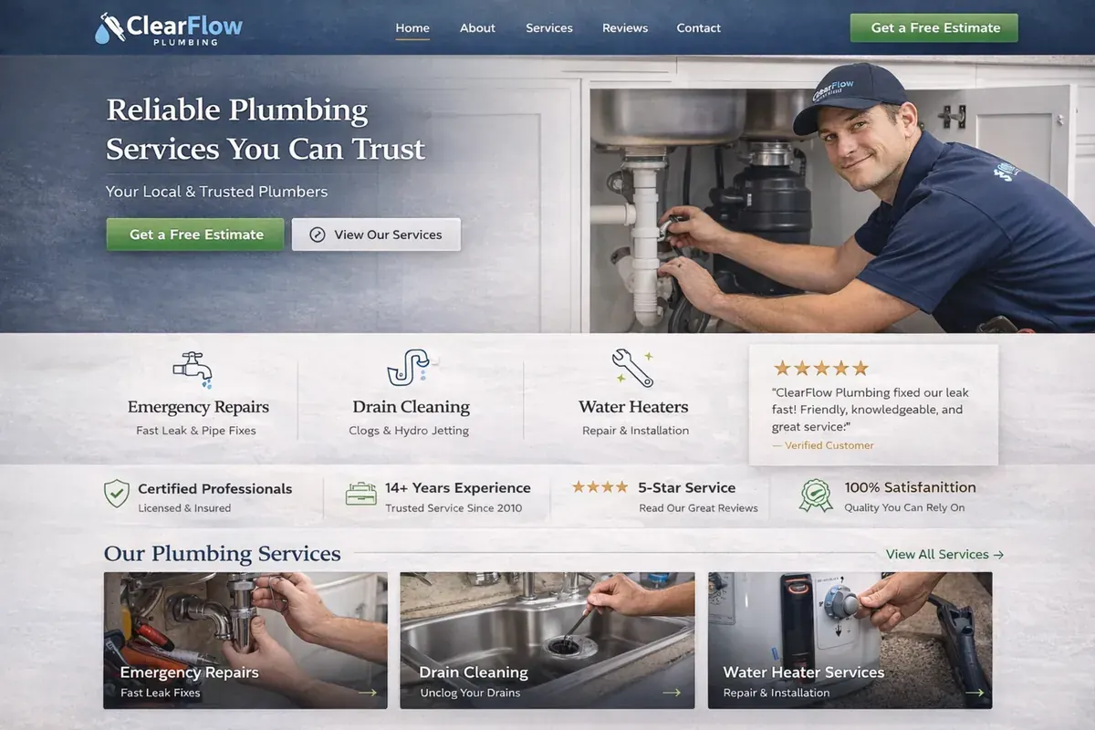 Plumber website example with a clean modern plumbing hero