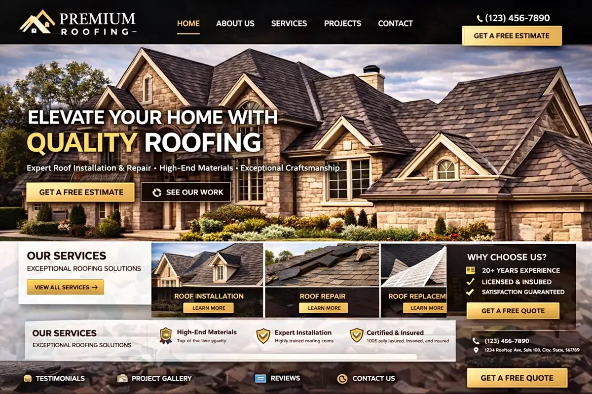 Roofing website example with an upscale roof service layout