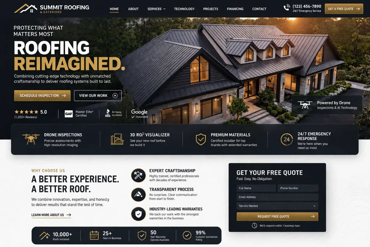 Roofing website example with a modern dark metal roof hero