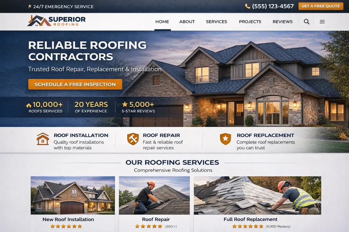 Roofing website example with a premium residential roof hero